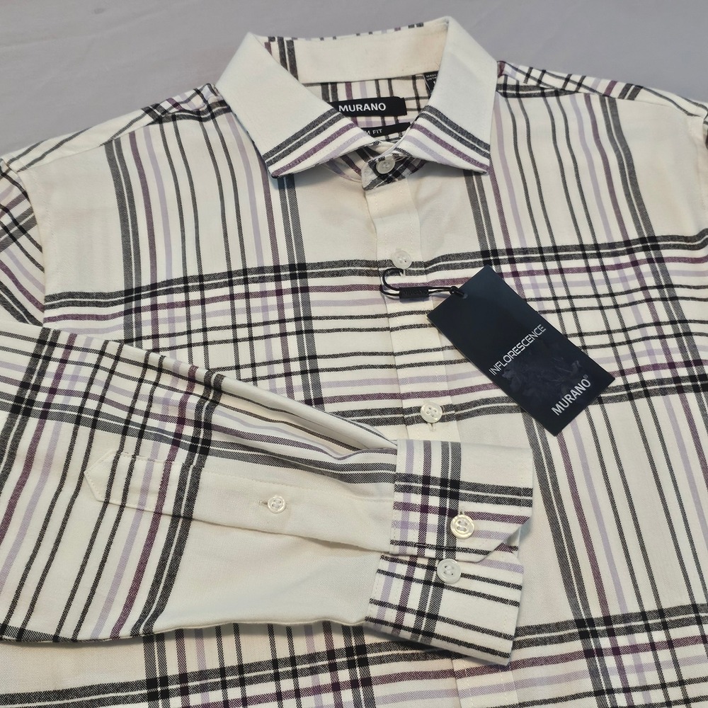 Murano M Med Slim Fit INFLORESCENCE White Purple Plaid L/S Button Shirt NWT L992